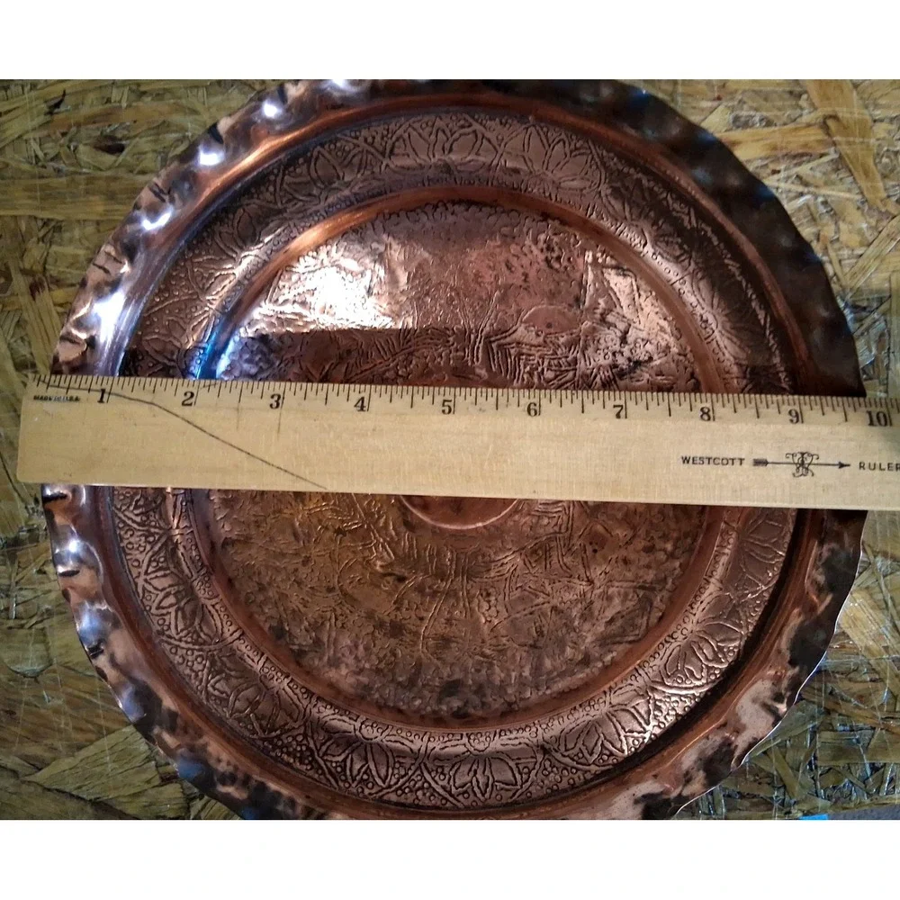 Vintage Embossed Copper Pedestal Compote Bowl w/Scalloped Edge